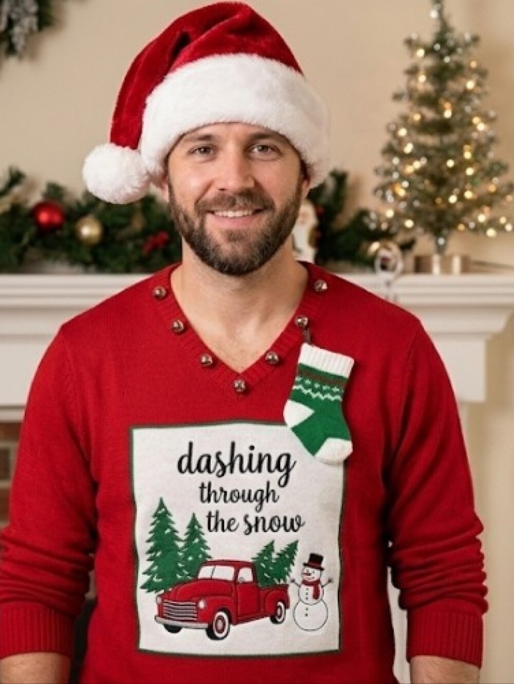Upcycled Mens Christmas Sweater Red V Neck Sz L Old Truck Trees Bells